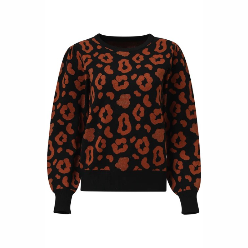 Camisola de decote redondo com padrão animal print em preto e cognac. Camisola de mangas compridas com volume.
Composição: 52%Viscose + 28%Poliéster + 20%Nylon