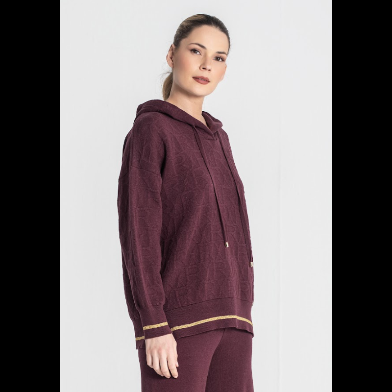 Camisola, em borgonha, de decote redondo e com textura de relevos "RR". Camisola com capucho e detalhas em dourado.
Composição: 60%Liocel + 30%Algodão + 10%Lurex
