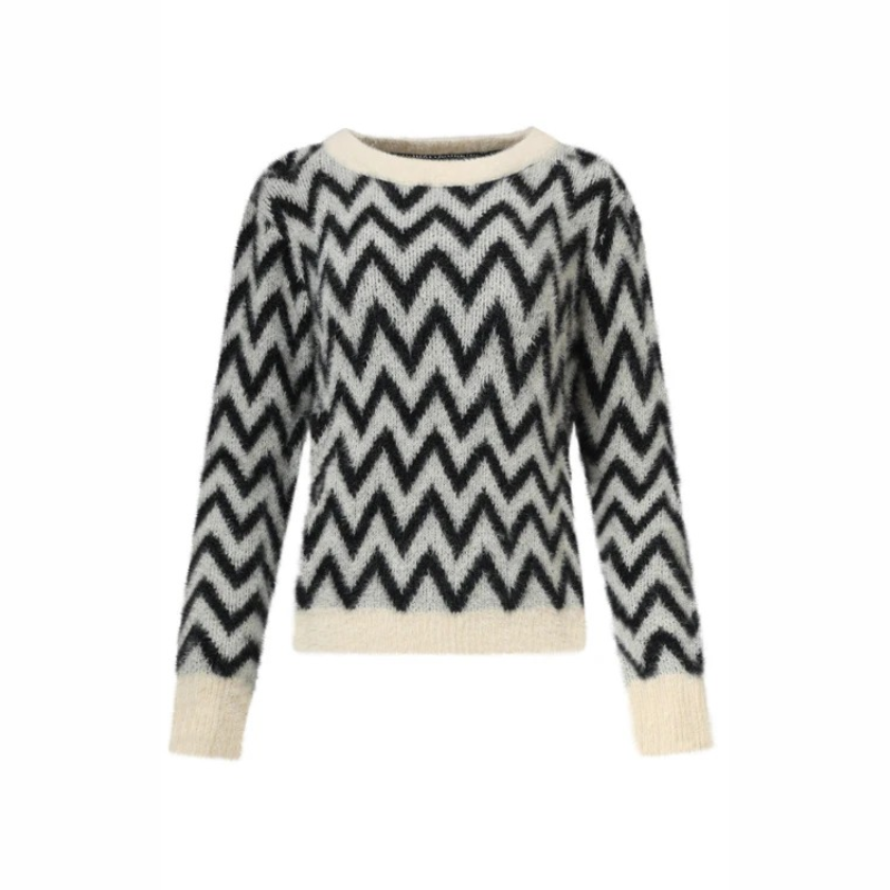 Camisola de decote redondo e de malha fofinha com padrão em zig zag em branco e preto.
Composição: 100%Acrílico