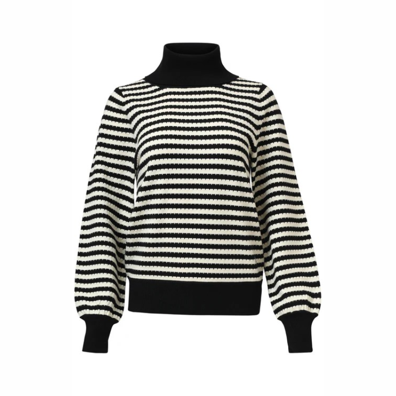 Camisola às riscas em preto e branco e de gola alta. Camisola de mangas compridas com volume.
Composição: 52%Viscose + 28%Poliéster + 20%Nylon
