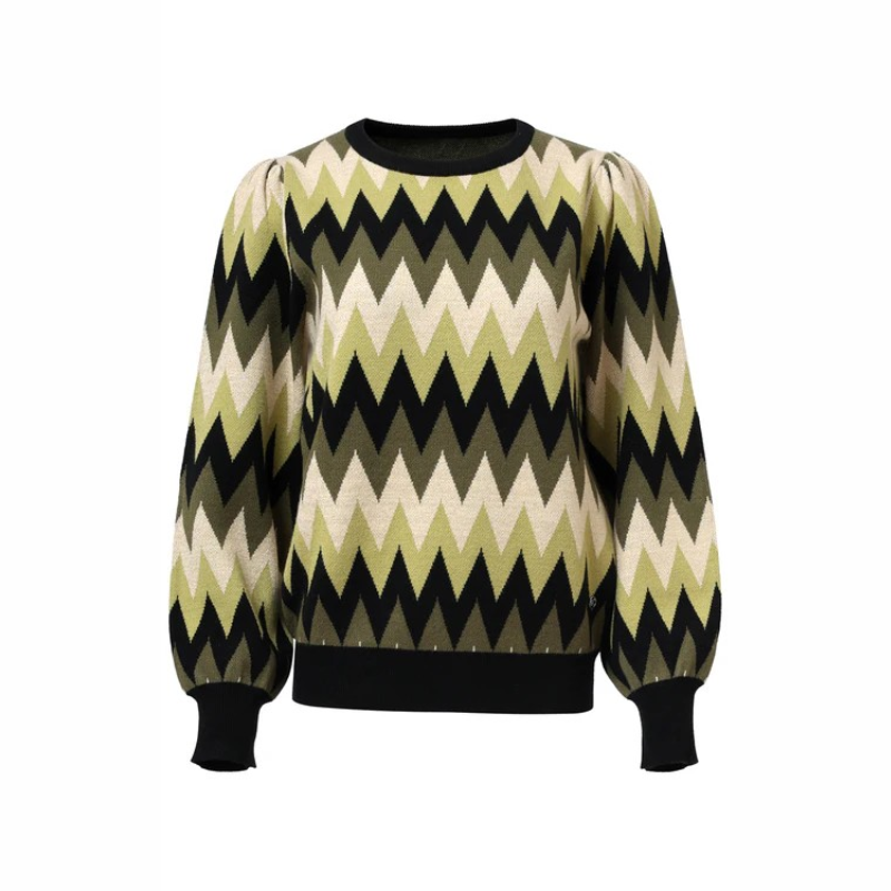 Camisola de decote redondo com padrão zig zag em verdes, preto e areia com brilho dourado. Camisola de mangas compridas com volume.
Composição: 49%Viscose + 27%Poliéster + 19%Nylon + 5%Lurex