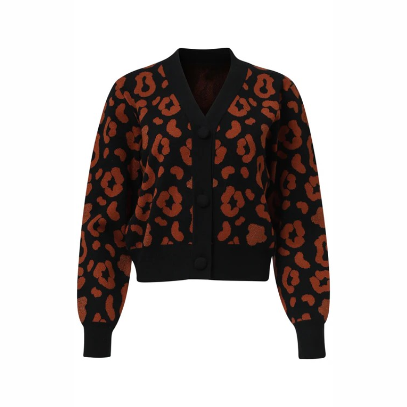 Casaco de decote em V com padrão animal print em preto e cognac. Fecha na frente com três botões forrados.
Composição: 52%Viscose + 28%Poliéster + 20%Nylon