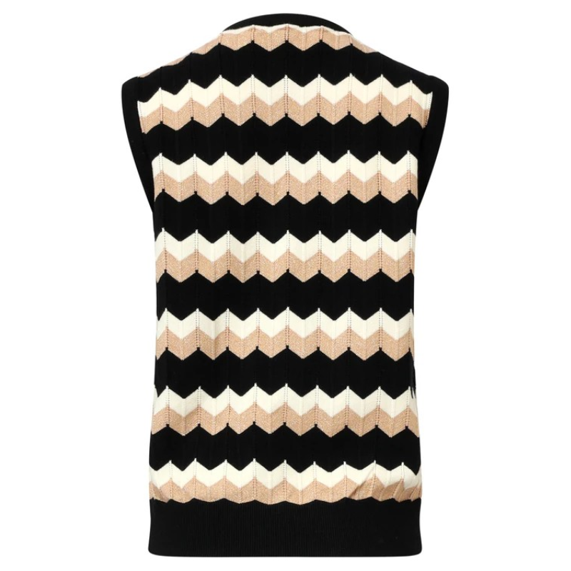 Colete de malha com padrão zig zag em branco, preto e areia com brilho dourado.
Composição: 49%Viscose + 27%Poliéster + 19%Nylon + 5%Lurex