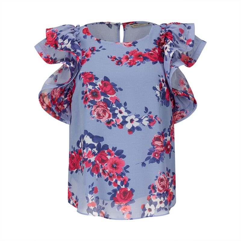 Blusa estampada com decote em barco. Blusa com folhos na cava - SILVINA CAMPOS