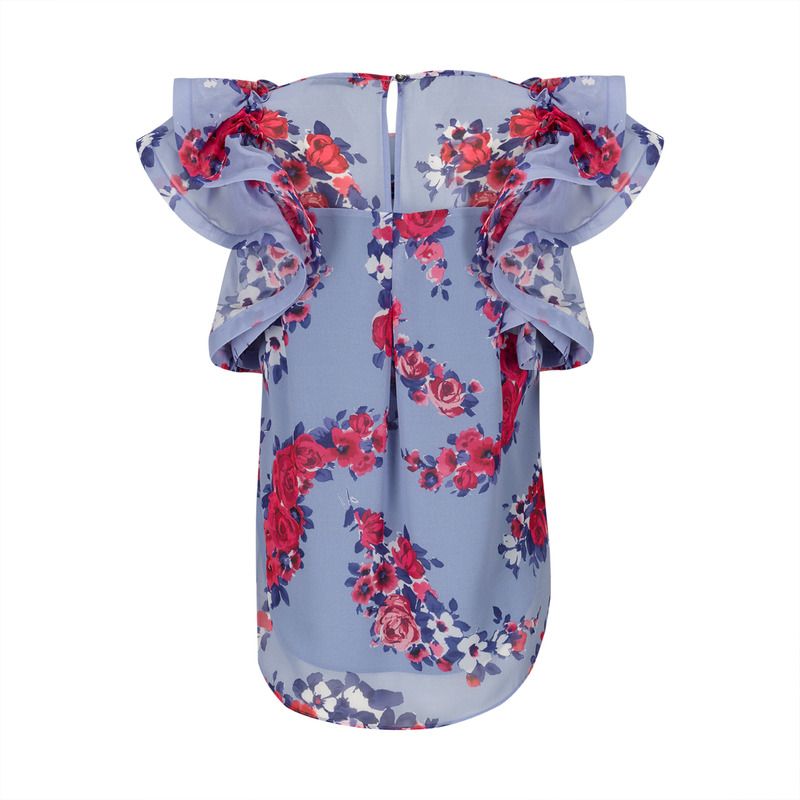 Blusa estampada com decote em barco. Blusa com folhos na cava - SILVINA CAMPOS