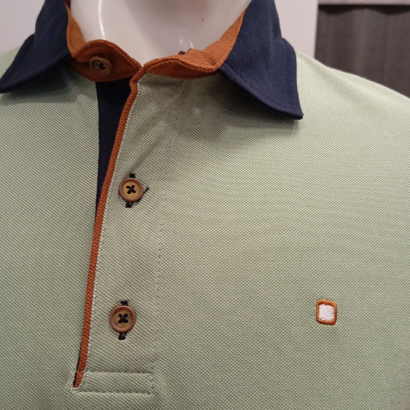 Polo verde de manga curta com corte slim fit que realça a silhueta. Logotipo da marca bordado no peito para um toque de elegância. Detalhes em azul na gola adicionam personalidade e estilo. Tecido de qualidade, confortável e durável para uso diário.