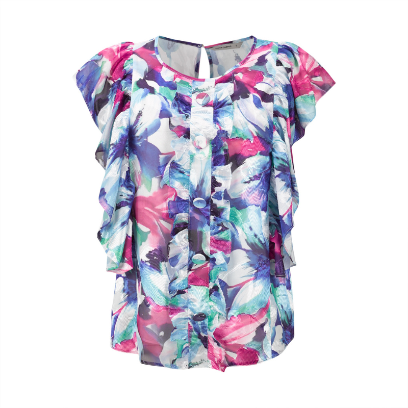 Túnica de folhos, com estampado floral em tons azul e rosa, com pormenores de botões forrados na frente.
Composição: 100%Poliéster
Fabricado em Portugal