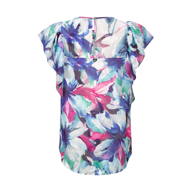 Túnica de folhos, com estampado floral em tons azul e rosa, com pormenores de botões forrados na frente.
Composição: 100%Poliéster
Fabricado em Portugal