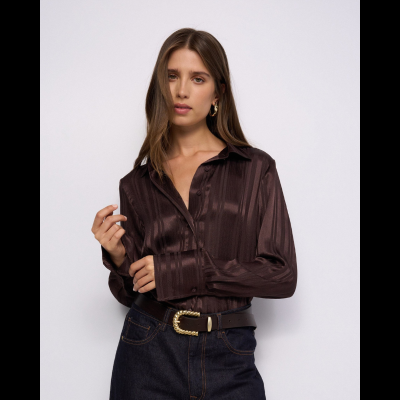 Camisa acetinada com riscas em tom castanho, perfeita para um look refinado e versátil. Destaca-se pelo fit regular confortável e elegante e com colarinho clássico, ideal para ocasiões formais ou casual elevado. As mangas compridas terminam em punhos abotoados que conferem um acabamento sofisticado, enquanto a abertura frontal com botões permite um ajuste personalizado.