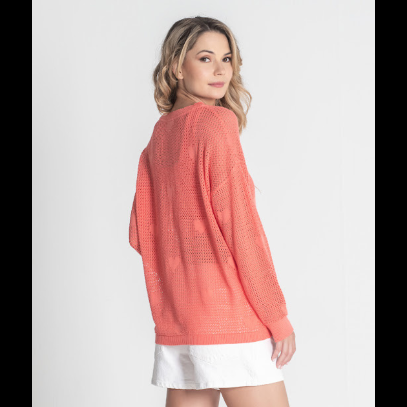 Camisola de decote redondo, perfurada com corações, em coral
Composição: 67%Liocel + 33%Algodão