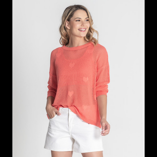 Camisola de decote redondo, perfurada com corações, em coral
Composição: 67%Liocel + 33%Algodão