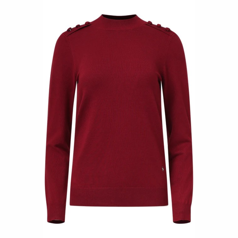 Camisola de manga comprida em bordô. Pormenores de botões forrados nos ombros.
Composição: 70%Viscose + 30%Nylon