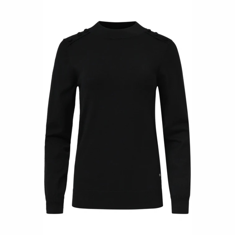 Camisola de manga comprida em preto. Pormenores de botões forrados nos ombros.
Composição: 70%Viscose + 30%Nylon