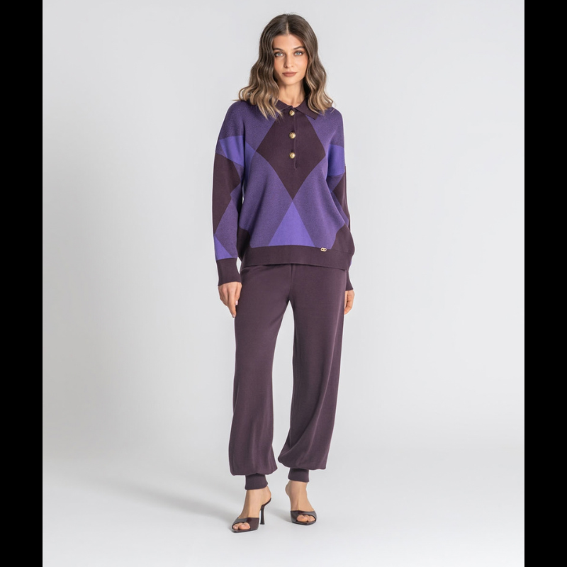 Camisola elegante de manga comprida em beringela com gola de polo e três botões em dourado. Destaca-se pelo estampado geométrico de losangos em roxo que confere um toque sofisticado e contemporâneo.