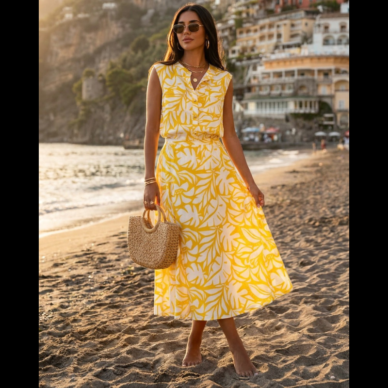 Colete versátil em tons quentes de bege e amarelo, com um padrão floral delicado que traz movimento e personalidade a qualquer look. O decote com gola a padre confere sofisticação, enquanto os botões dourados adicionam um toque de luxo. A cintura ajustável com elástico permite um ajuste personalizado para máximo conforto. Os bolsos funcionais de chapa com pala no peito combinam praticidade com estilo, tornando este colete tanto elegante quanto versátil para o dia a dia.