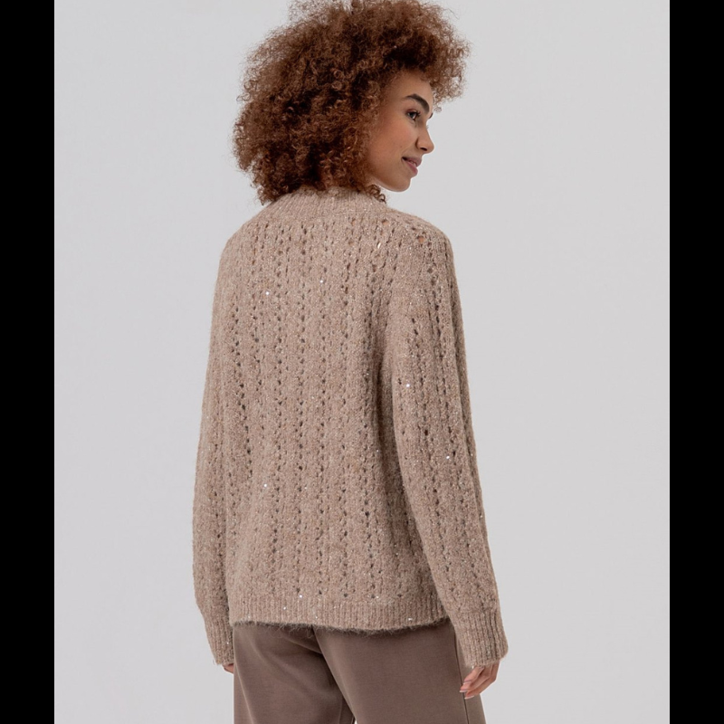 Camisola elegante de manga comprida com decote em V, confecionada em tricô aberto adornado com lantejoulas que capturam a luz.