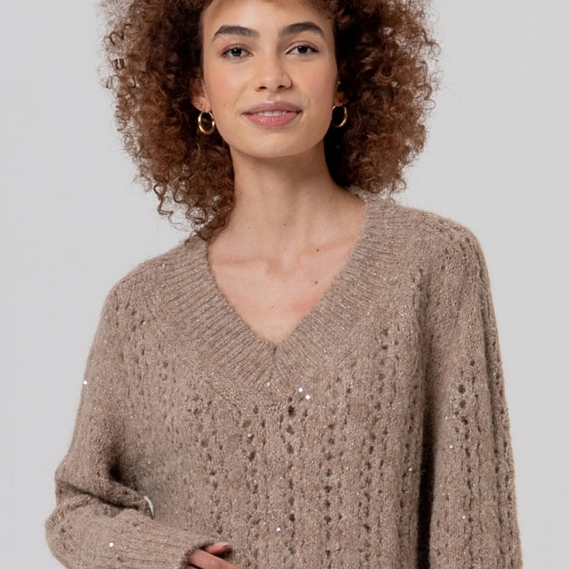 Camisola elegante de manga comprida com decote em V, confecionada em tricô aberto adornado com lantejoulas que capturam a luz.