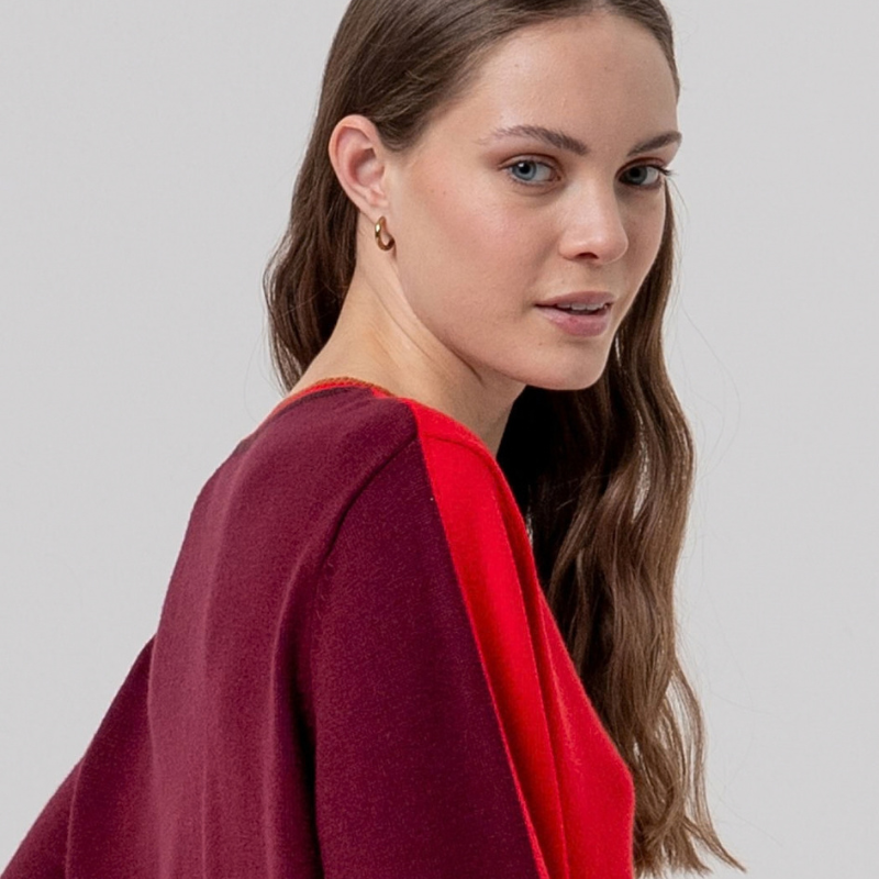 Camisola versátil de manga comprida com gola redonda em vermelho, realçada por contrastes em grená na parte de trás. O design minimalista é elevado por finas listras contrastantes na gola, punhos e barra, criando um acabamento desportivo e moderno que combina com facilidade no dia a dia.