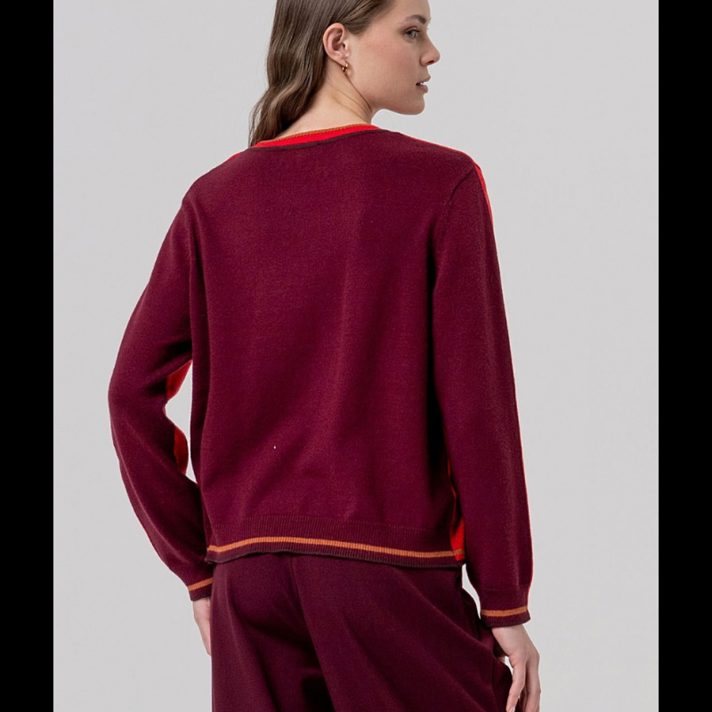 Camisola versátil de manga comprida com gola redonda em vermelho, realçada por contrastes em grená na parte de trás. O design minimalista é elevado por finas listras contrastantes na gola, punhos e barra, criando um acabamento desportivo e moderno que combina com facilidade no dia a dia.