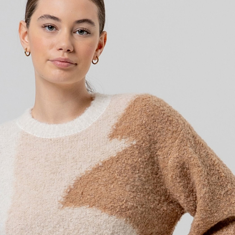 Camisola de manga comprida com decote redondo em tricô texturado. Peça quentinha que combina conforto e estilo, apresentando um padrão geométrico abstrato em tons naturais de bege e castanho.