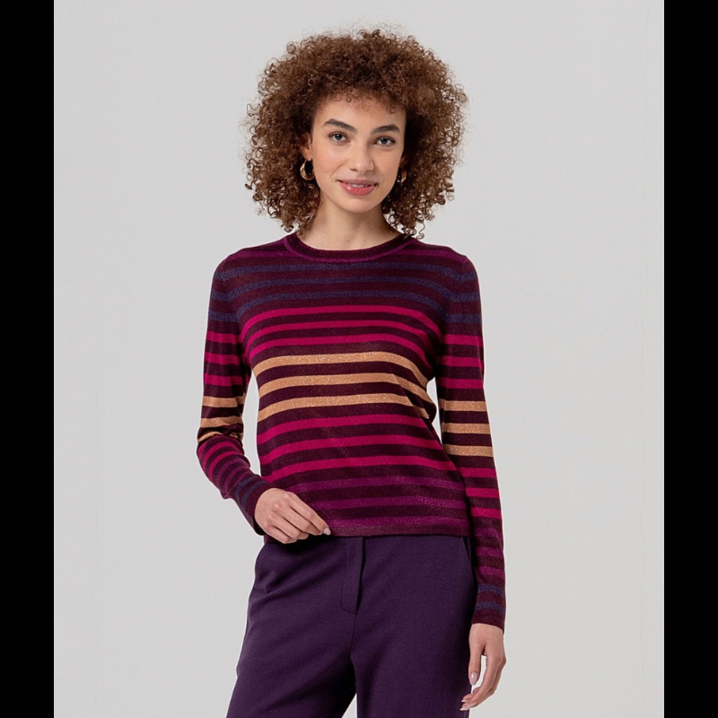 Camisola de malha fina com decote redondo, perfeita para looks versáteis do dia a dia. Apresenta um padrão de riscas em bordô, rosa , amarelo e roxo, complementado por detalhes em brilho dourado que adicionam um toque de sofisticação.
