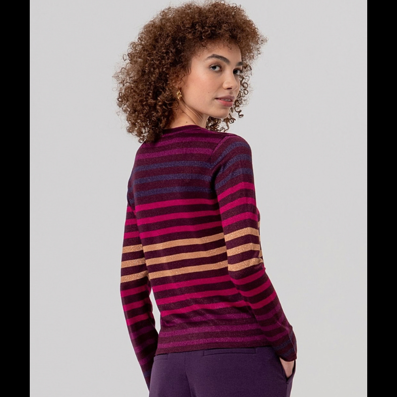 Camisola de malha fina com decote redondo, perfeita para looks versáteis do dia a dia. Apresenta um padrão de riscas em bordô, rosa , amarelo e roxo, complementado por detalhes em brilho dourado que adicionam um toque de sofisticação.