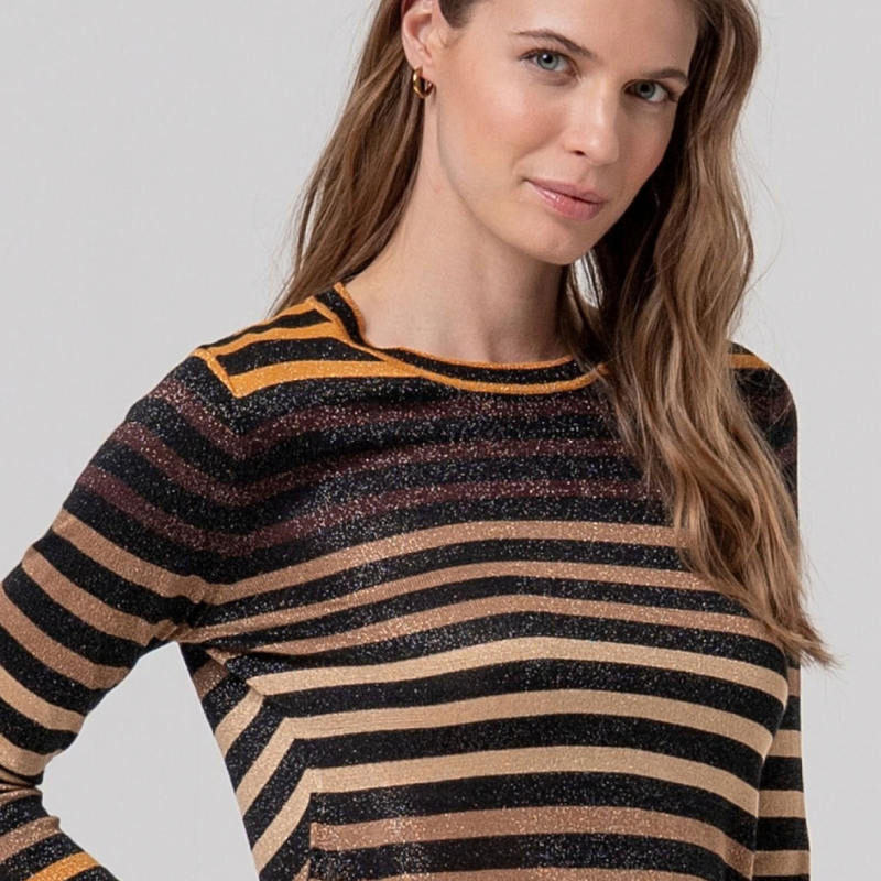 Camisola de malha fina com decote redondo, perfeita para looks versáteis do dia a dia. Apresenta um padrão de riscas em preto, amarelo e castanhos em vários tons, complementado por detalhes em brilho dourado que adicionam um toque de sofisticação.