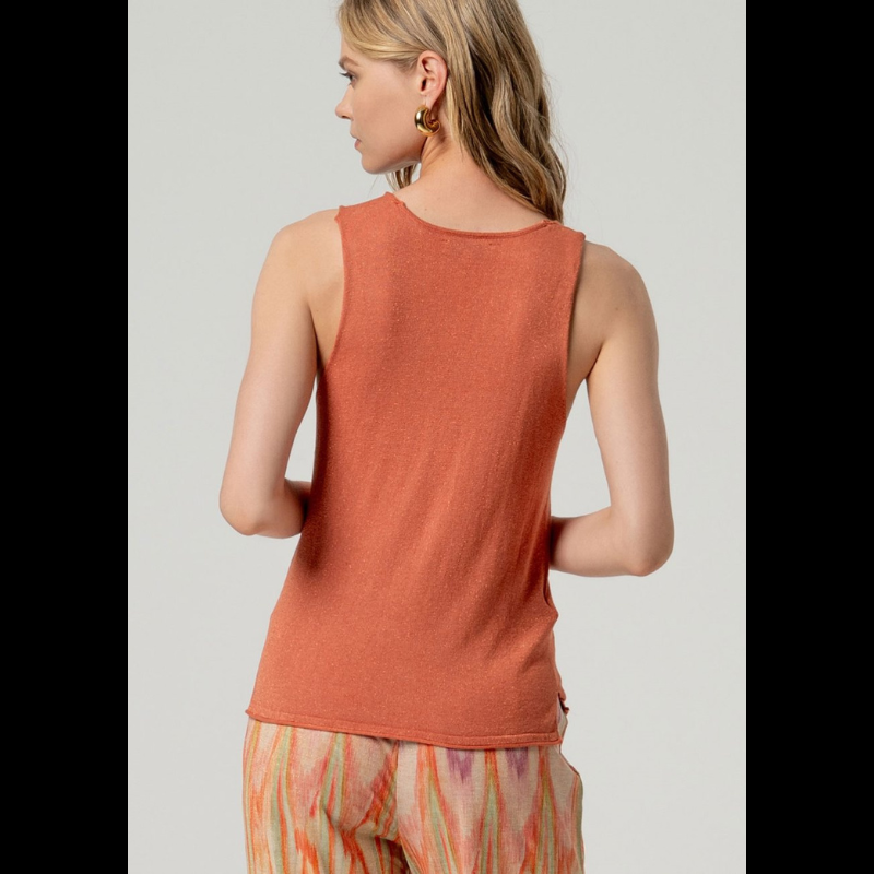 Top confecionado em malha fina de qualidade, de alças amplas e decote em V que realçam a silhueta com elegância. O tom telha enriquecido com detalhes Lurex proporciona um brilho subtil e refinado, tornando-o uma escolha versátil para composições sofisticadas.