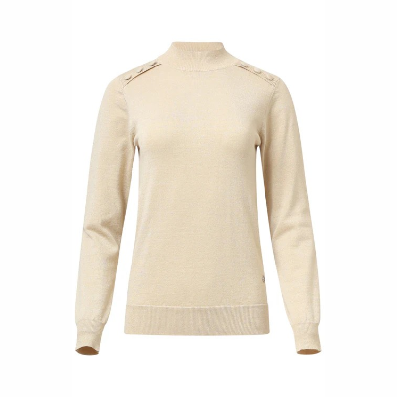 Camisola de manga comprida em areia com brilho dourado. Pormenores de botões forrados nos ombros.
Composição: 85%Viscose + 15%Lurex