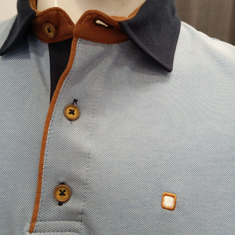 Polo azul claro de manga curta com corte slim fit que realça a silhueta. Logotipo da marca bordado no peito para um toque de elegância. Detalhes em azul na gola adicionam personalidade e estilo. Tecido de qualidade, confortável e durável para uso diário.