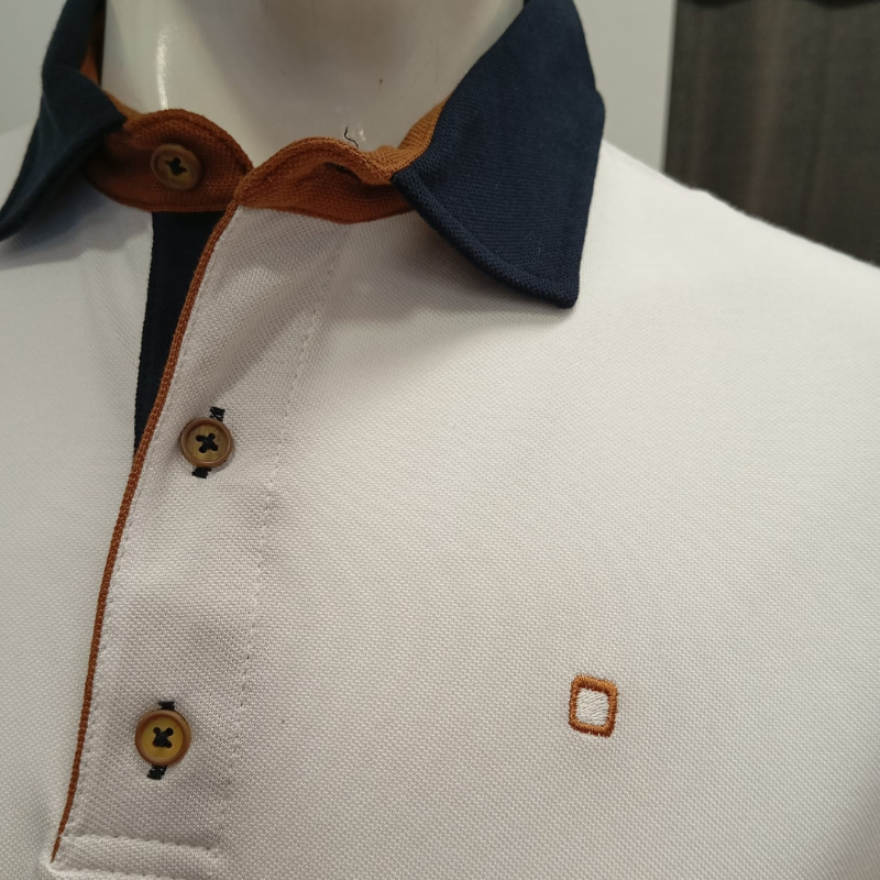 Polo branco de manga curta com corte slim fit que realça a silhueta. Logotipo da marca bordado no peito para um toque de elegância. Detalhes em azul na gola adicionam personalidade e estilo. Tecido de qualidade, confortável e durável para uso diário.